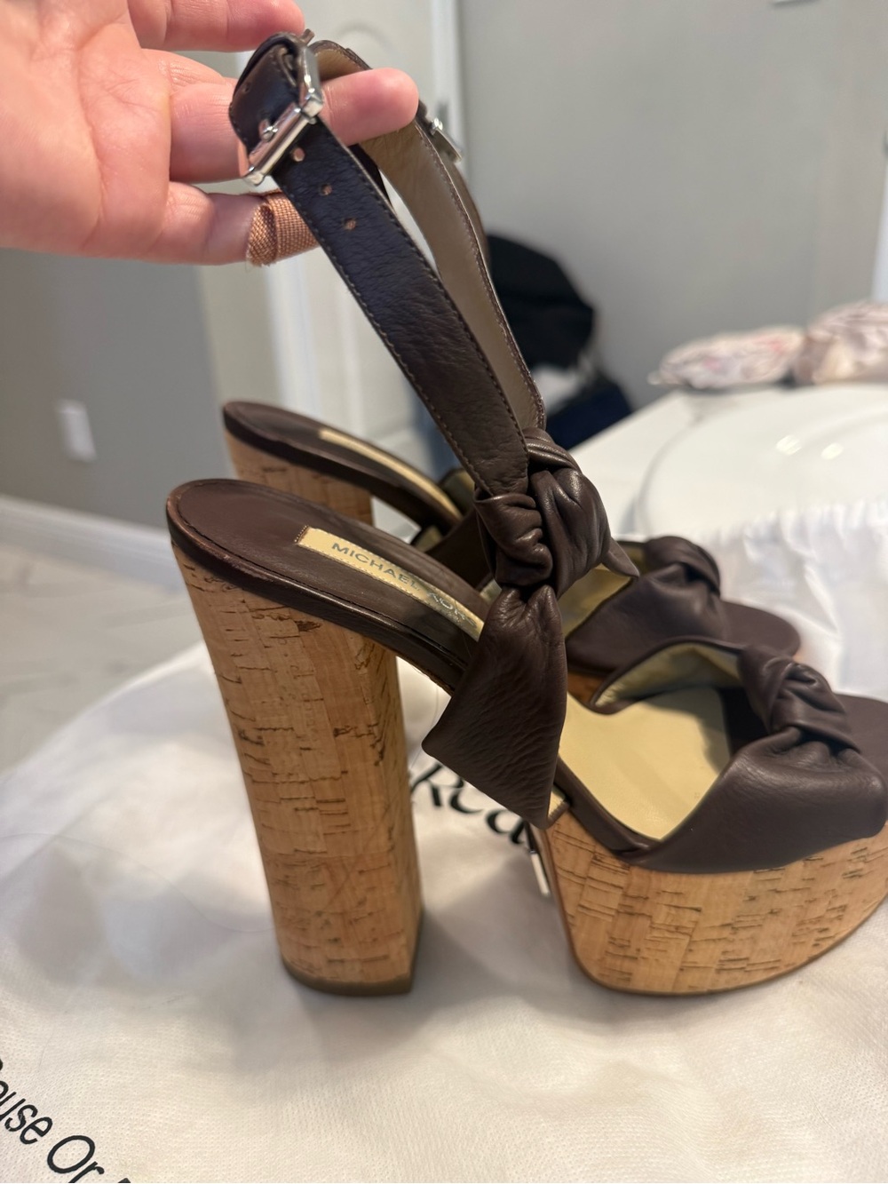 Michael Kors Dark Brown Knotted Leather Cork Platform Sandals